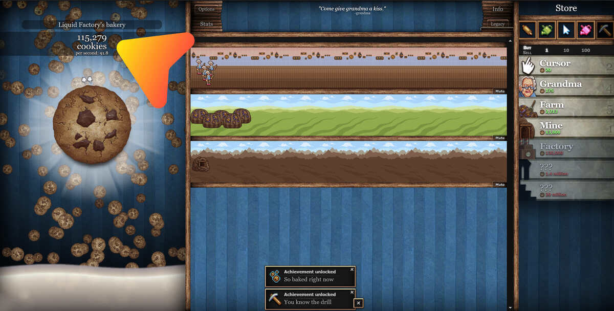 Gameplay interface of Cookie Clicker showing upgrades and cookies