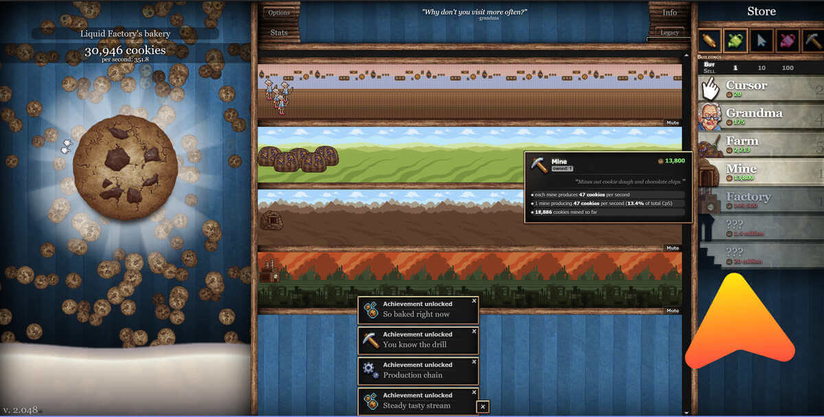 Cookie production screen with upgrades and cookies counting up